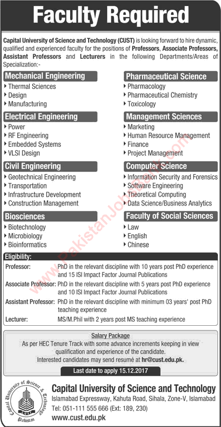 Capital University of Science and Technology Islamabad Jobs November 2017 December Teaching Faculty Latest