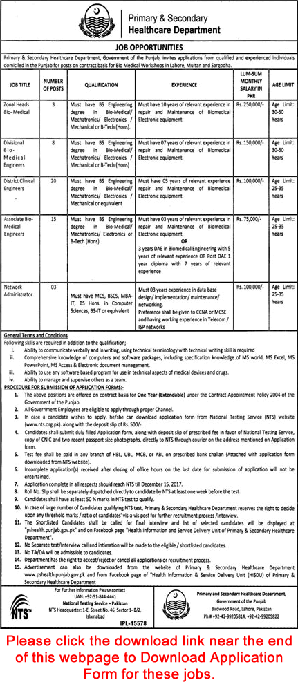 Primary and Secondary Healthcare Department Punjab Jobs November 2017 December NTS Application Form Latest