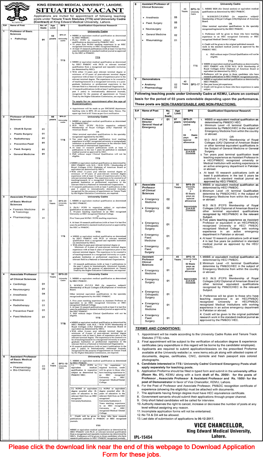 King Edward Medical University Lahore Jobs November 2017 December Application Form Teaching Faculty Latest