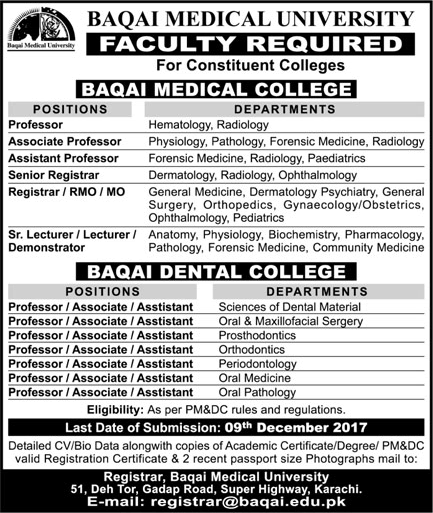 Baqai Medical University Karachi Jobs November 2017 December Teaching Faculty & Medical Officers Latest