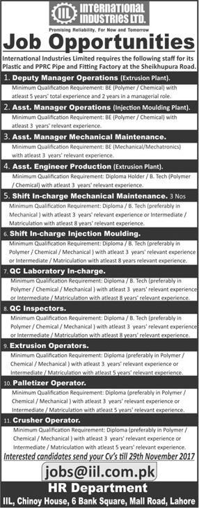 International Industries Limited Lahore Jobs November 2017 December Plastic / PPRC Pipe & Fitting Factory Latest