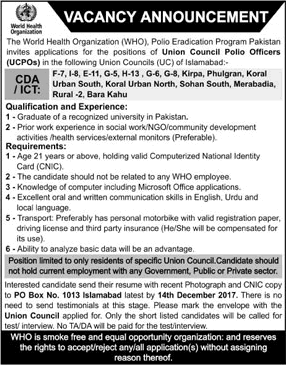Union Council Polio Officer Jobs in WHO Islamabad December 2017 Polio Eradication Program Latest