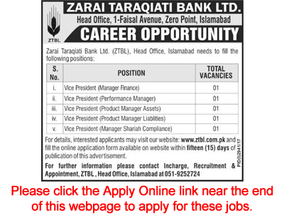 ZTBL Jobs December 2017 Apply Online Vice Presidents / Managers Zarai Taraqiati Bank Limited Latest