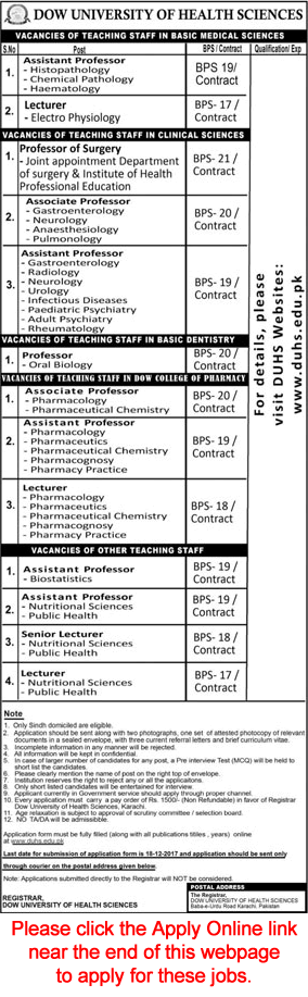 Dow University of Health Sciences Karachi Jobs December 2017 Apply Online Teaching Faculty Latest