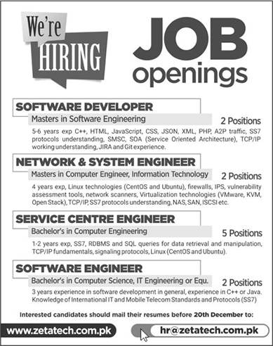 Zeta Technologies Islamabad Jobs 2017 December Service Center Engineers, Software Developers & Others Latest