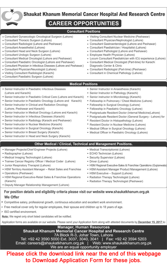 Shaukat Khanum Hospital Jobs December 2017 Application Form Medical Consultants, Instructors & Others Latest