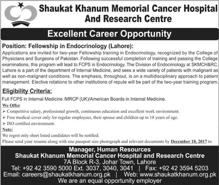 Shaukat Khanum Hospital Jobs December 2017 Lahore Fellowships in Endocrinology Latest