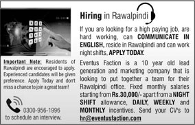 Call Center Jobs in Rawalpindi / Islamabad December 2017 at Eventus Faction Latest