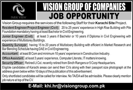 Vision Group Karachi Jobs 2017 December Civil Engineers, Office Assistant, Accountant & Others Latest
