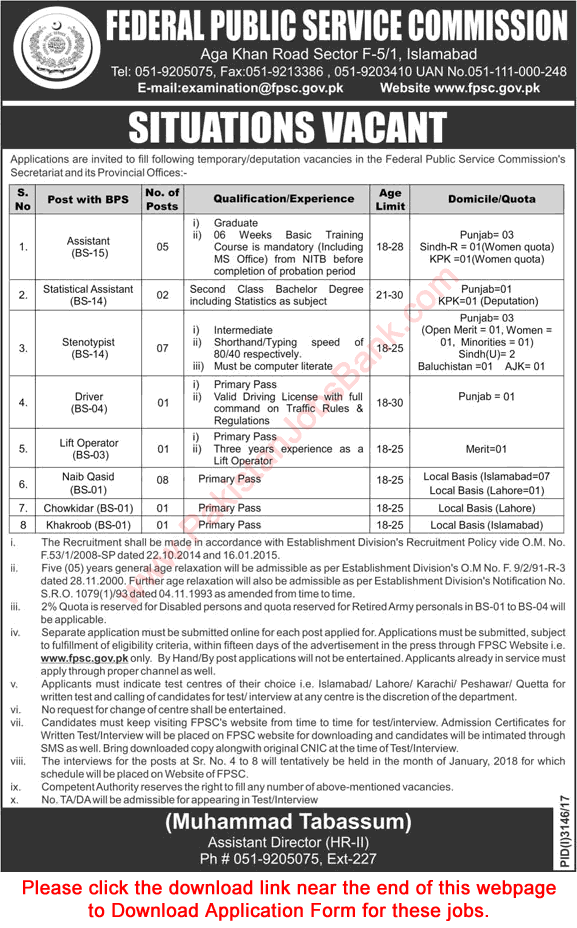 FPSC Jobs December 2017 Apply Online Stenotypists, Assistants, Naib Qasid & Others Latest