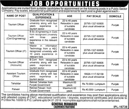 PO Box 10000 GPO Lahore Jobs 2017 December Public Sector Company Tourism Officers & Others Latest