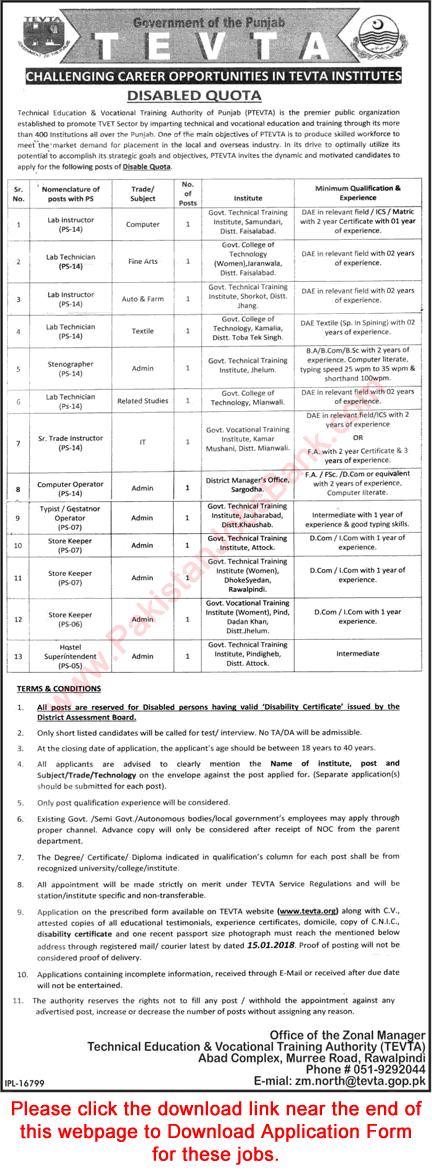 TEVTA Jobs December 2017 Application Form Lab Technicians / Instructors & Others Disabled Quota Latest