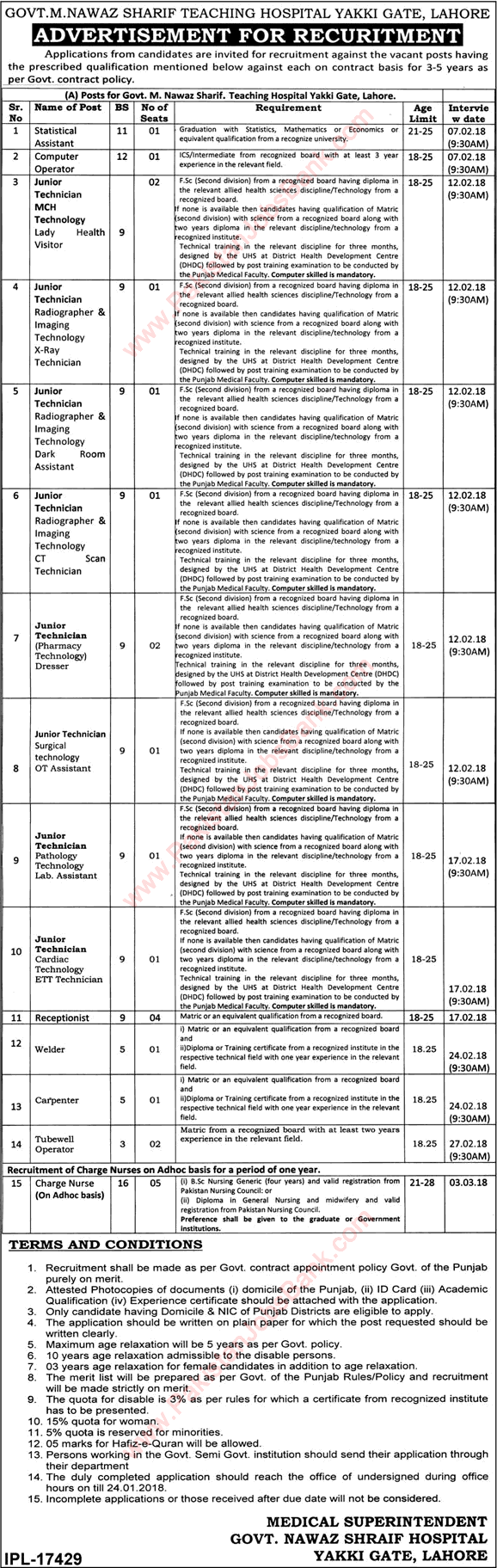 Nawaz Sharif Hospital Lahore Jobs December 2017 / 2018 Charge Nurses, Receptionists & Others Latest