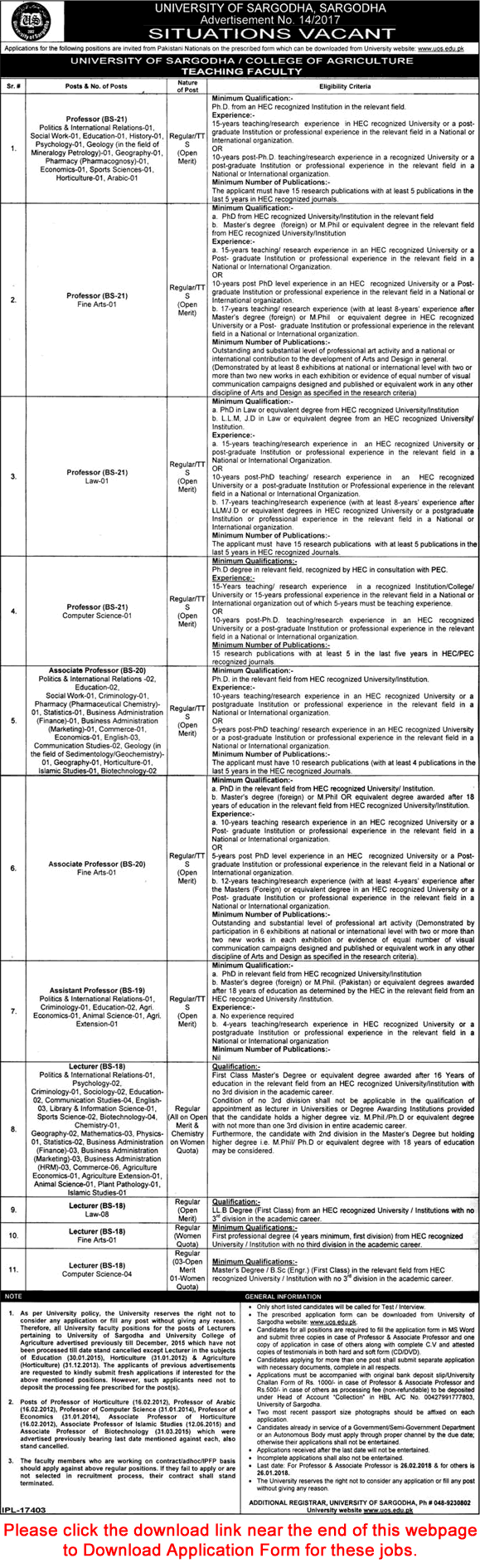 University of Sargodha Jobs December 2017 / 2018 Application Form Teaching Faculty UOS Latest