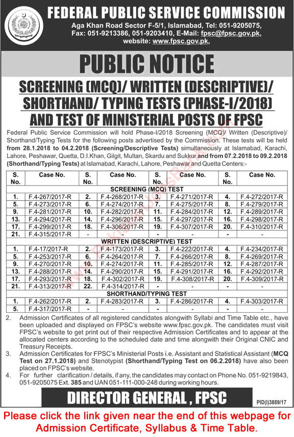 FPSC Written / Shorthand / Typing Test Schedule 2018 January Roll Number Slip Download Latest