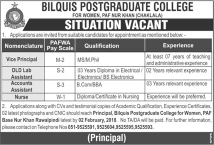 Bilquis Postgraduate College for Women Rawalpindi Jobs 2018 Accounts Assistant, Nurse & Others Latest
