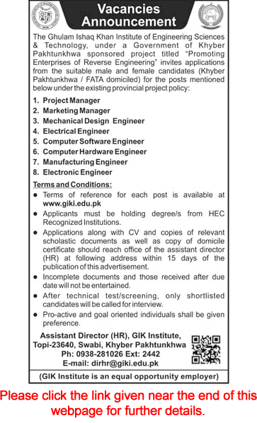 GIK Institute of Science and Technology Swabi Jobs 2018 January Mechanical / Electrical Engineer & Others Latest