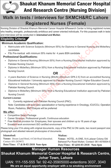 Nurse Jobs in Shaukat Khanum Hospital Lahore 2018 February Walk in Test / Interviews SKMCH&RC Latest