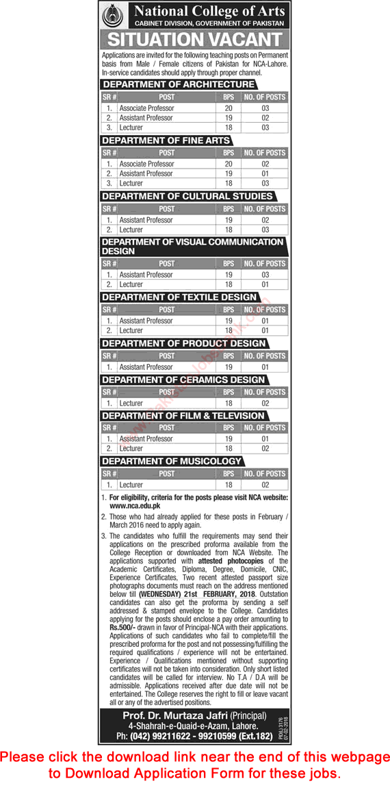 National College of Arts Lahore Jobs 2018 February Application Form Teaching Faculty Latest