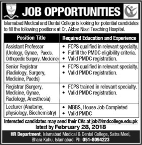 Islamabad Medical and Dental College Jobs 2018 February Teaching Faculty Latest