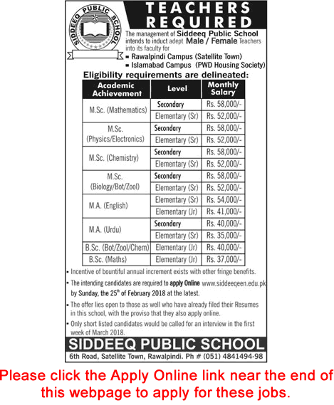Siddeeq Public School Rawalpindi / Islamabad Jobs 2018 February Apply Online Teachers Latest