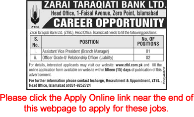 ZTBL Jobs February 2018 Apply Online Branch Manager & Relationship Officers Latest