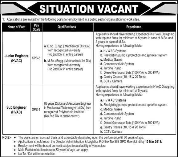 PO Box 368 GPO Rawalpindi Jobs 2018 February Mechanical Engineers & Sub Engineers Latest