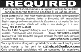 Brand Managers, Graphic / Web Designer & Secretary Jobs in Lahore 2018 February Latest