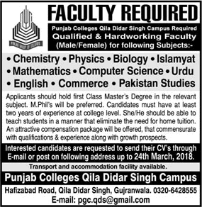 Punjab College Gujranwala Jobs 2018 March Teacher at Qila Didar Singh Campus Latest