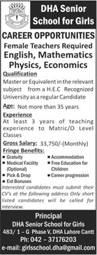 DHA Senior School for Girls Lahore Jobs 2018 March for Female Teachers Latest