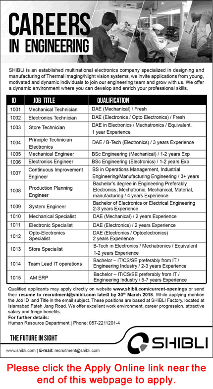 Shibli Electronics Islamabad Jobs 2018 March Apply Online Electronic / Mechanical Engineers & Others Latest