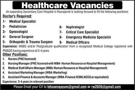 Hospital Jobs in Rawalpindi April 2018 Nurses, Medical Officers, Specialist Doctors & Others Latest