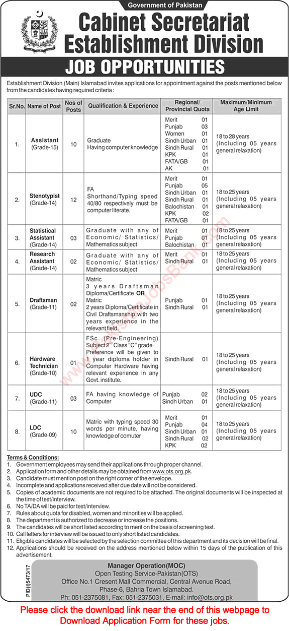 Cabinet Secretariat Establishment Division Islamabad Jobs 2018 April OTS Application Form Download Latest