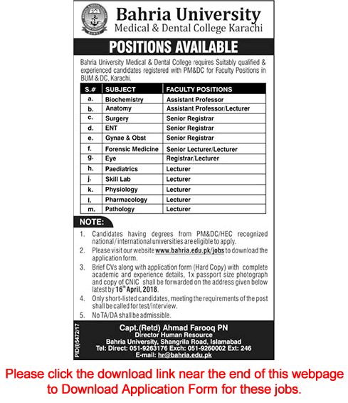 Bahria University Karachi Jobs April 2018 Teaching Faculty Application Form Download Latest