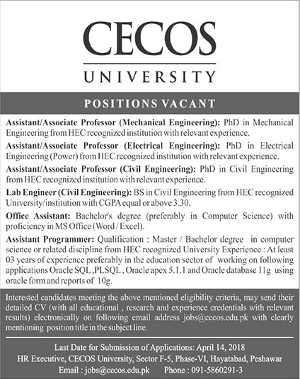 CECOS University Peshawar Jobs April 2018 Teaching Faculty, Lab Engineer & Others Latest