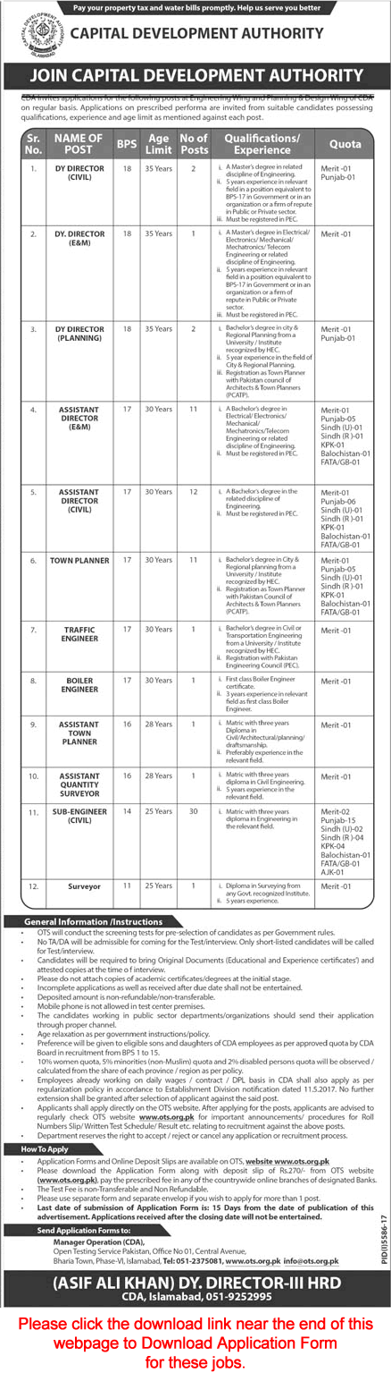 CDA Jobs 2018 April OTS Application Form Sub Engineers & Others Capital Development Authority Latest