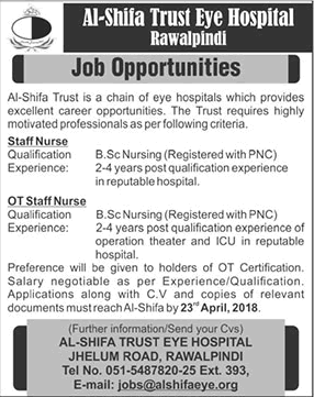 Nurse Jobs in Al Shifa Trust Eye Hospital Rawalpindi 2018 April Latest