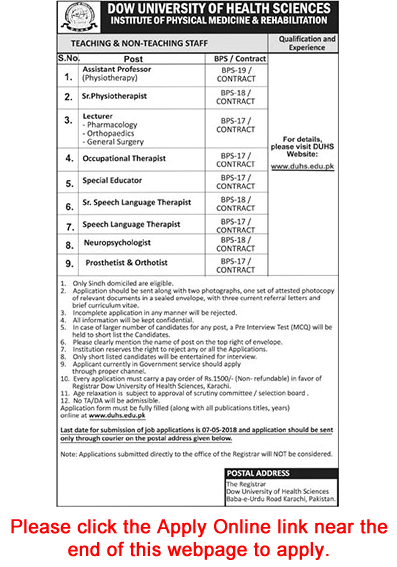 Dow University of Health Sciences Karachi Jobs April 2018 Apply Online Teaching Faculty & Others Latest