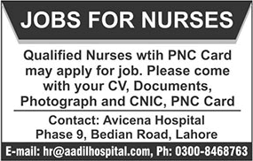 Nurse Jobs Lahore April 2018 at Aadil / Avicena Hospital Latest