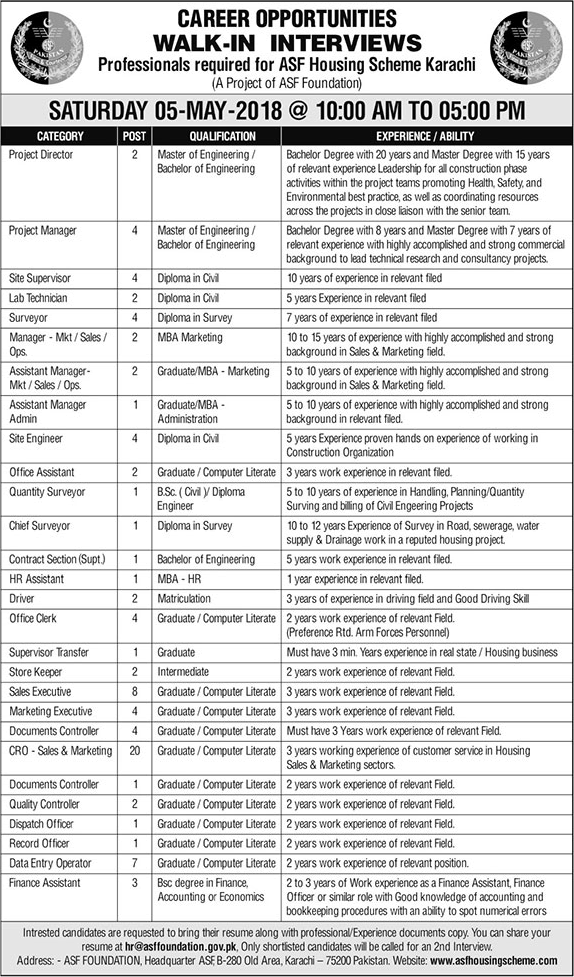 ASF Housing Scheme Karachi Jobs 2018 April / May Walk in Interviews Customer Relations Officers & Others Latest