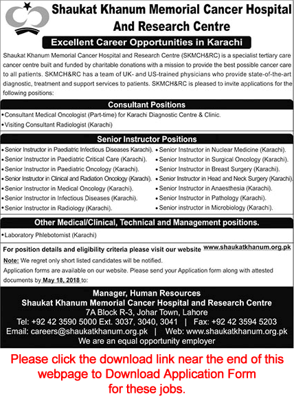 Shaukat Khanum Hospital Karachi Jobs May 2018 Application Form Instructors & Others Latest
