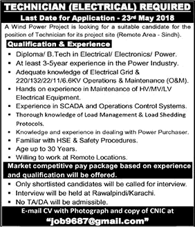Electrical Technician Jobs in Sindh May 2018 Wind Power Project Latest