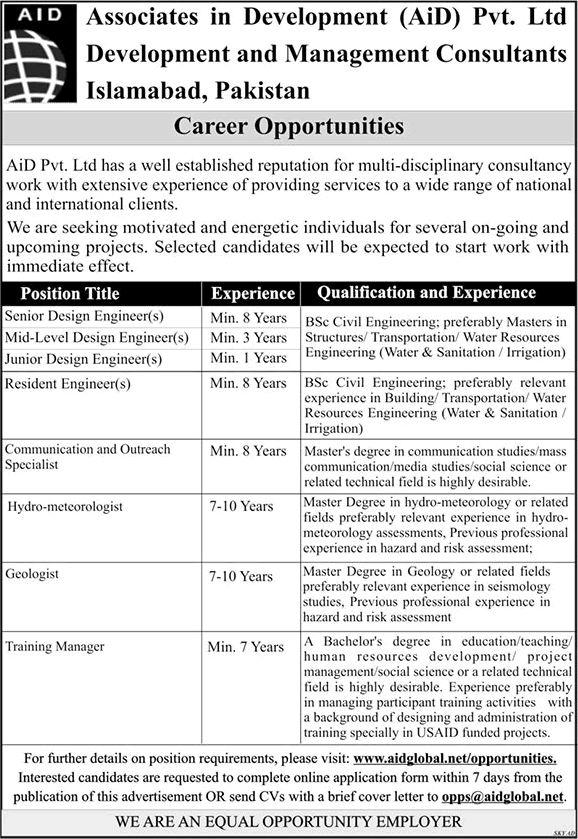 Associates in Development Pvt Ltd Islamabad Jobs 2018 May Civil Engineers & Others Latest