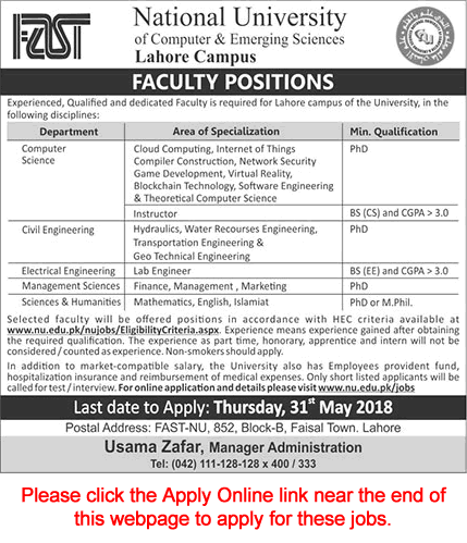FAST National University Lahore Campus Jobs 2018 May Apply Online Teaching Faculty Latest