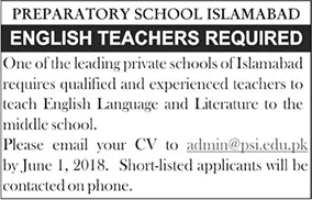 English Teacher Jobs in Islamabad May 2018 at Preparatory School Latest