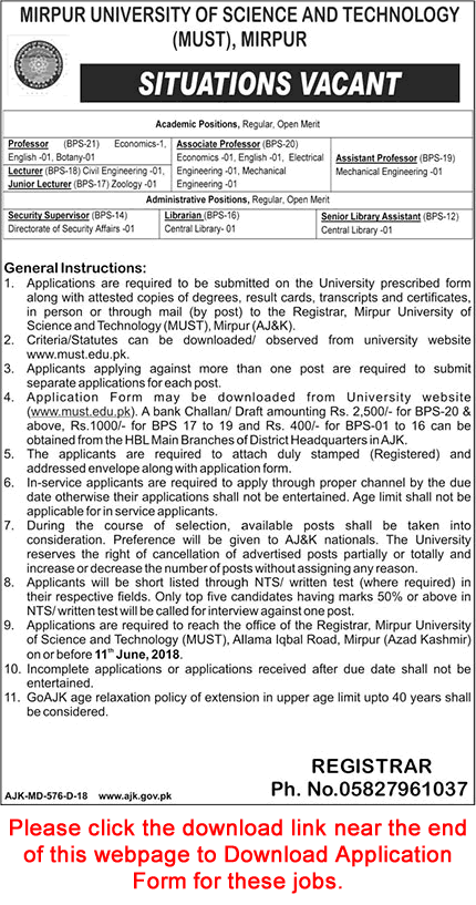 Mirpur University of Science and Technology Jobs 2018 May MUST Application Form Teaching Faculty & Others Latest