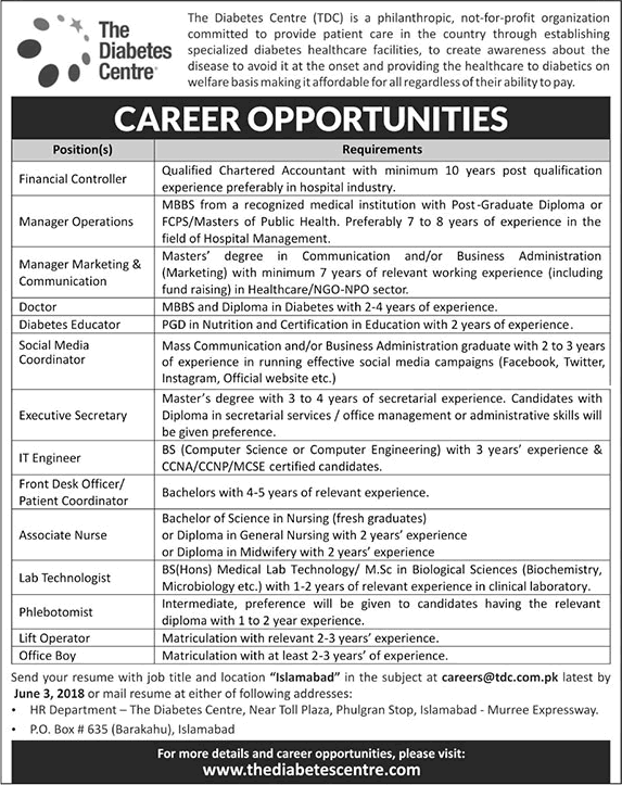 The Diabetes Centre Islamabad Jobs 2018 May Operations Manager, IT Engineer & Others Latest