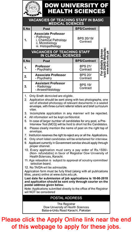 Dow University of Health Sciences Karachi Jobs June 2018 Apply Online Teaching Faculty Latest