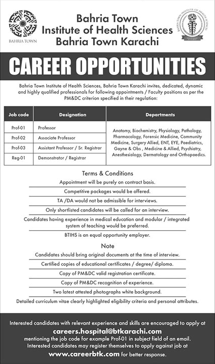 Bahria Town Institute of Health Sciences Karachi Jobs 2018 June Teaching Faculty Latest