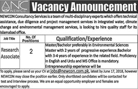 Research Associate Jobs in NEWCON Consultancy Services Islamabad 2018 June Latest
